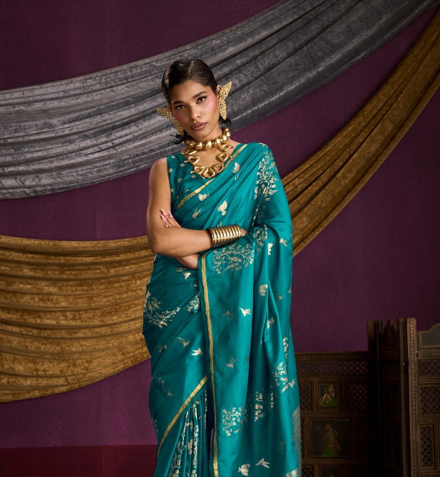 Peacock Blue Satin Silk Readymade/Easy Saree - Panaash Saree