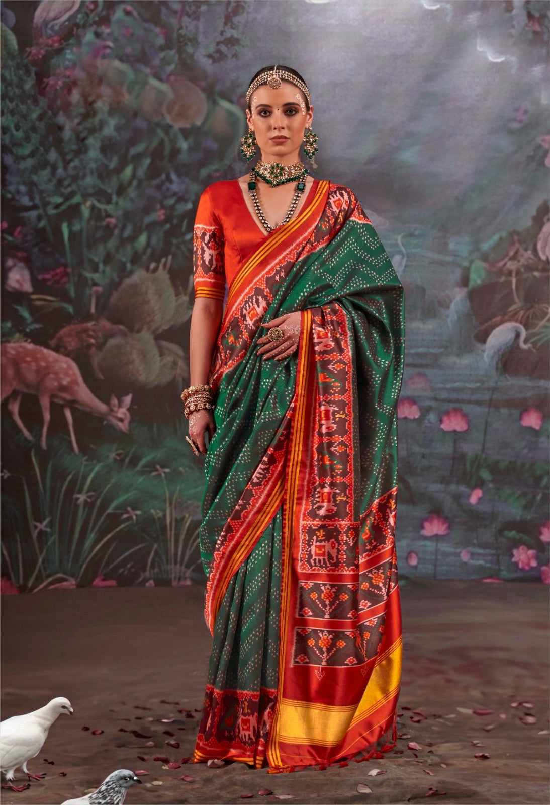 Bottle Green Patola Silk Readymade/Easy Saree