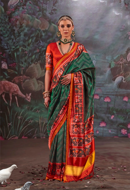 Bottle Green Patola Silk Readymade/Easy Saree