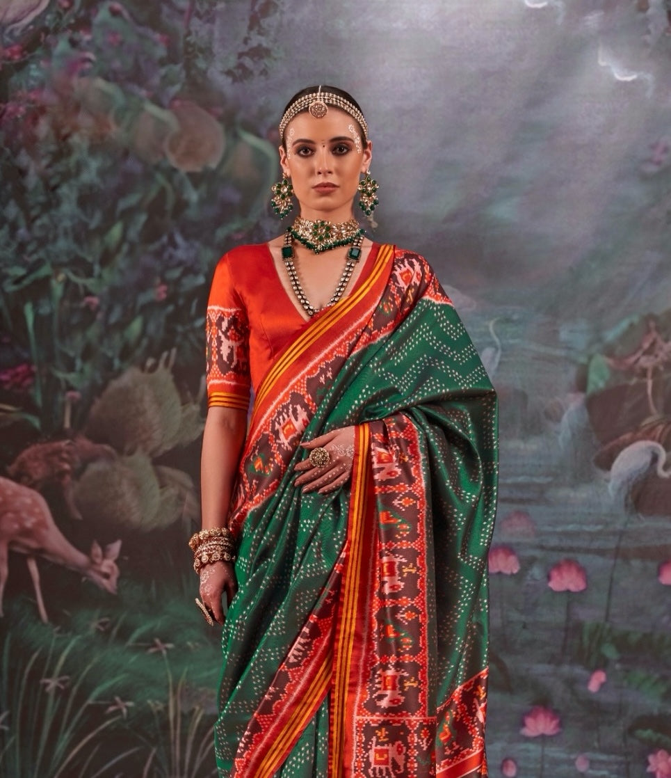 Bottle Green Patola Silk Readymade/Easy Saree