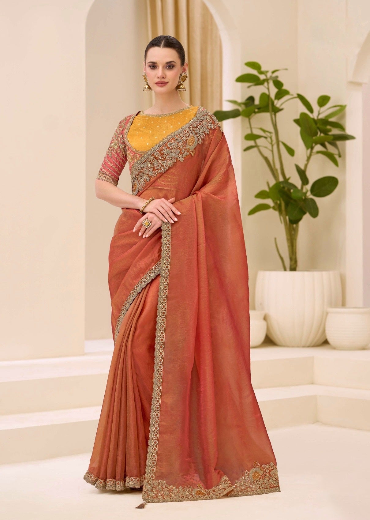 Rust Orange Cocktail Party Wear Readymade Saree - Panaash Saree