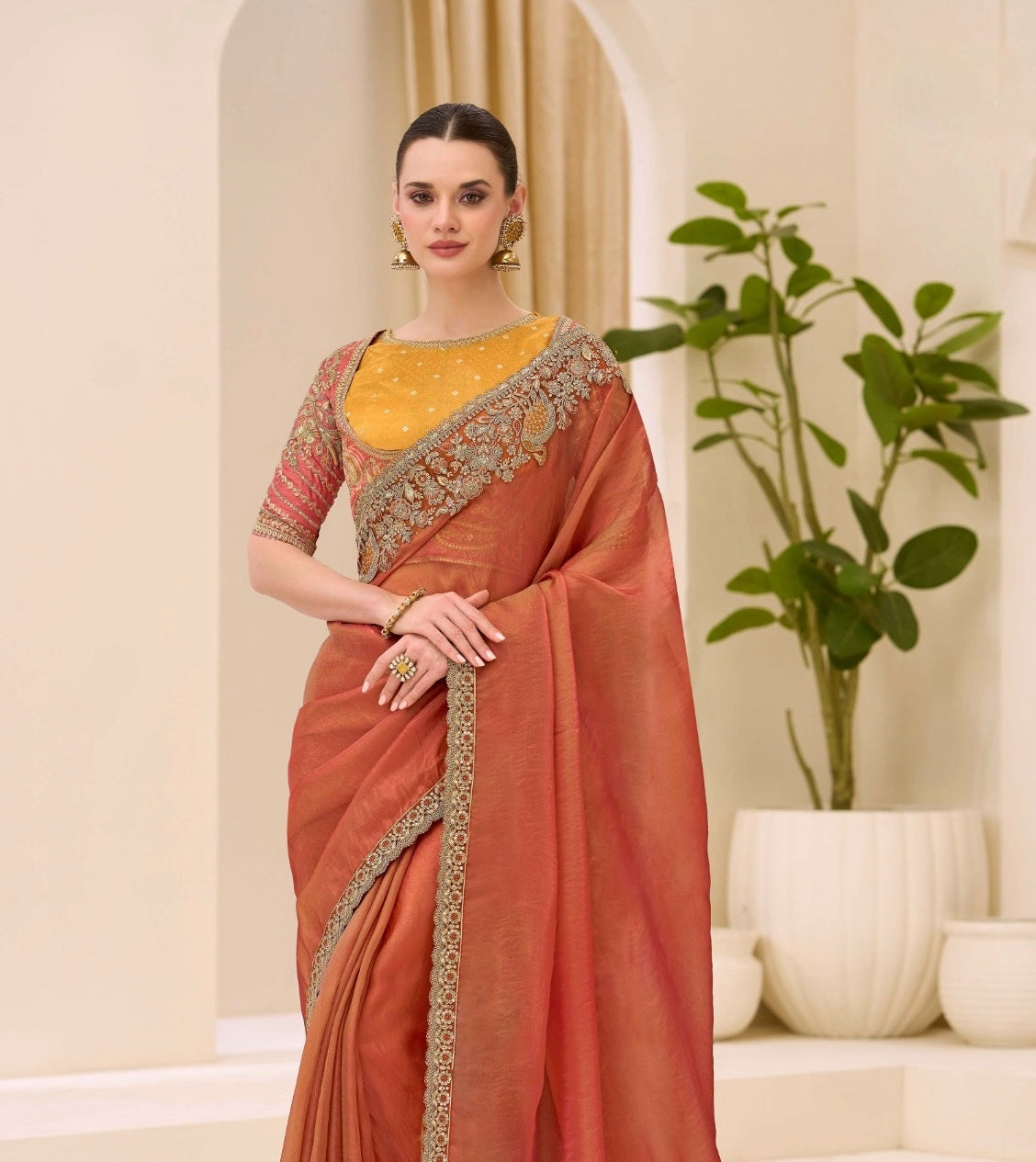 Rust Orange Cocktail Party Wear Readymade Saree - Panaash Saree