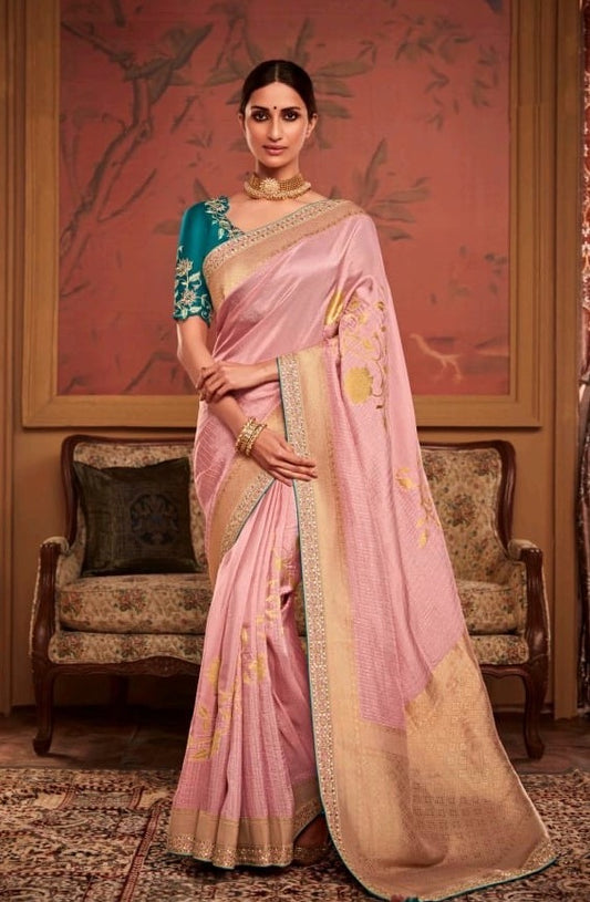 Baby Pink Color Designer Kanjivaram Readymade/Easy Silk Saree