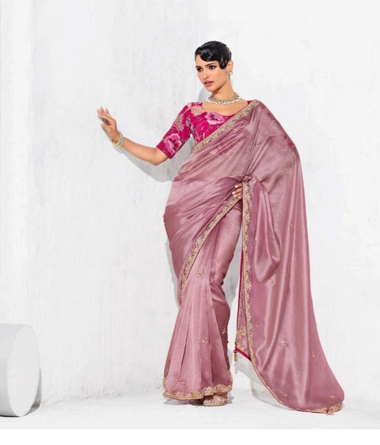 Onion Pink Tissue Silk Readymade/Easy Saree