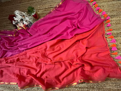 Bright Pink & Orange Mul Cotton Ready To Wear/Easy Saree - Panaash Saree