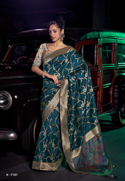 Turquoise Color Banarasi Silk Readymade/Easy Saree