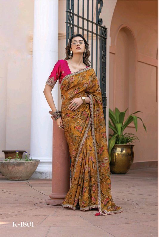 Mustard Color Printed Silk Readymade/Easy Saree