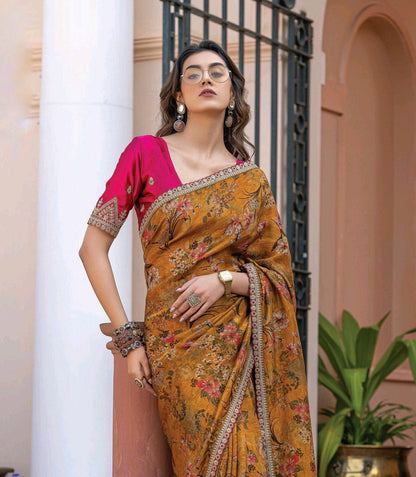 Mustard Color Printed Silk Readymade/Easy Saree