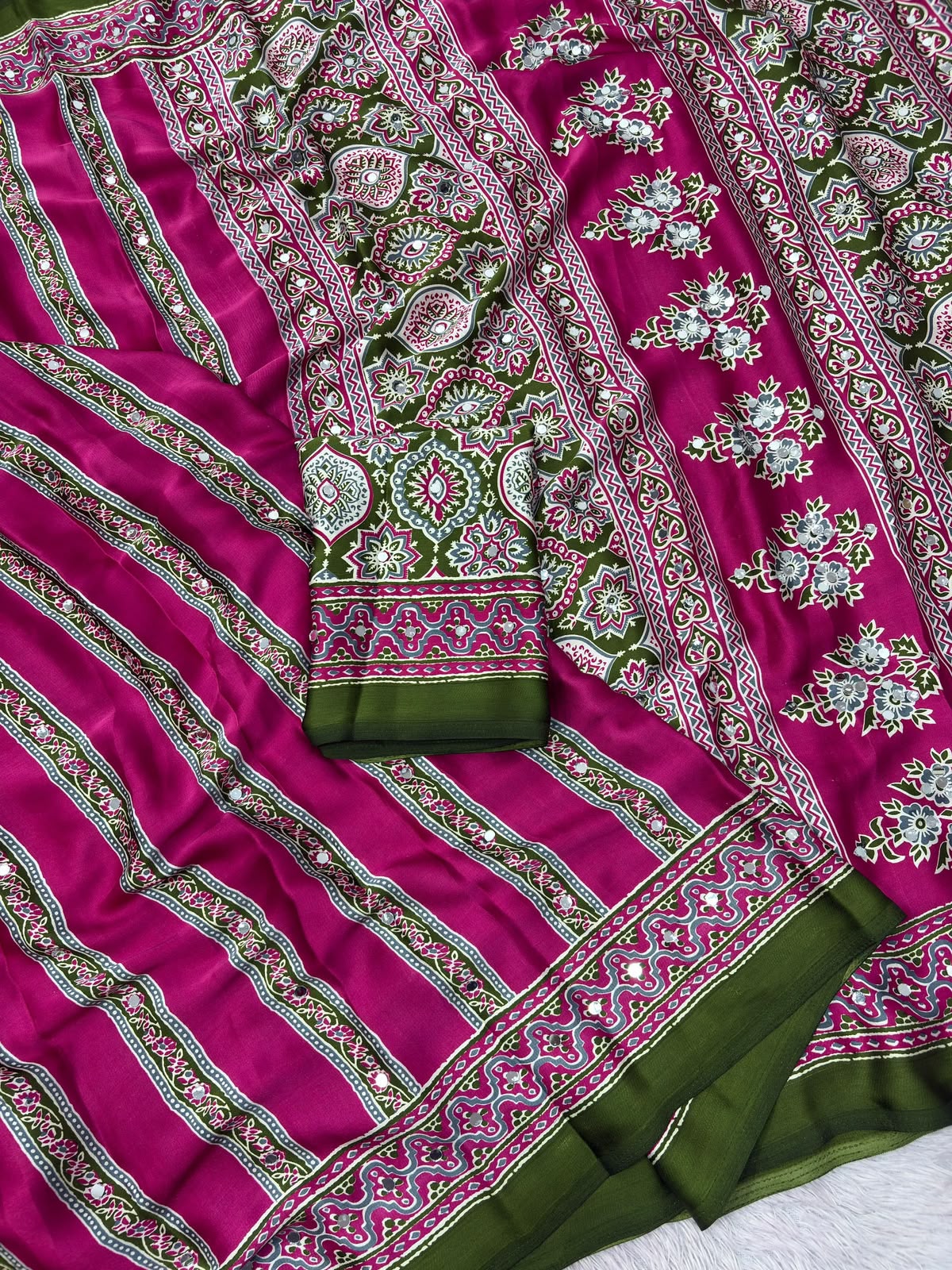Pink & Green Stripe Mirror Crepe Silk Ready To Wear/Easy Saree