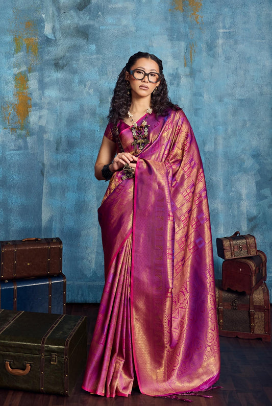 Magenta Pink Kanjivaram Silk Ready to wear/Easy Saree - Panaash Saree