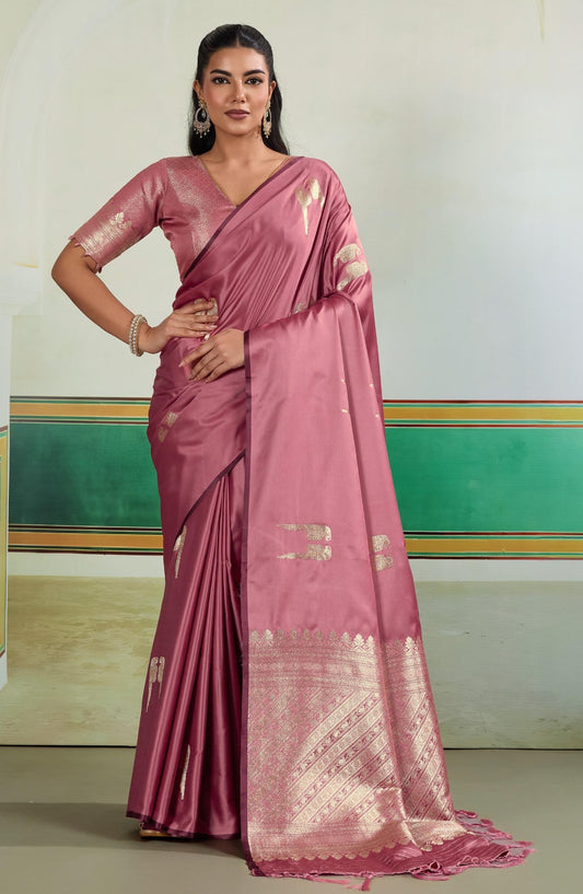 Mauve Pink Satin Silk Readymade/Easy Saree