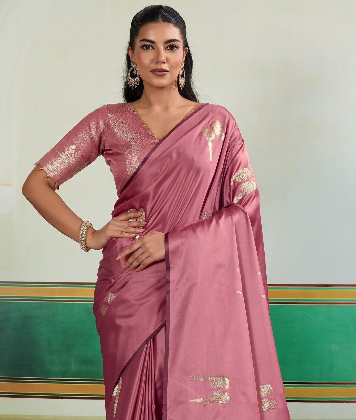 Mauve Pink Satin Silk Readymade/Easy Saree