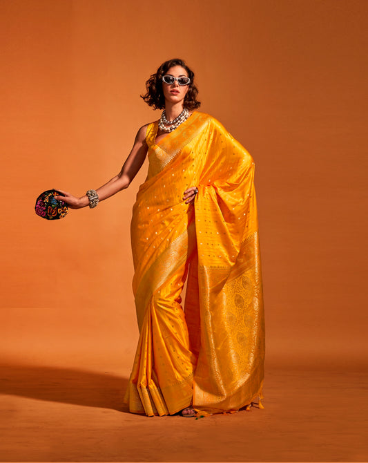 Yellow Satin Silk Readymade Saree