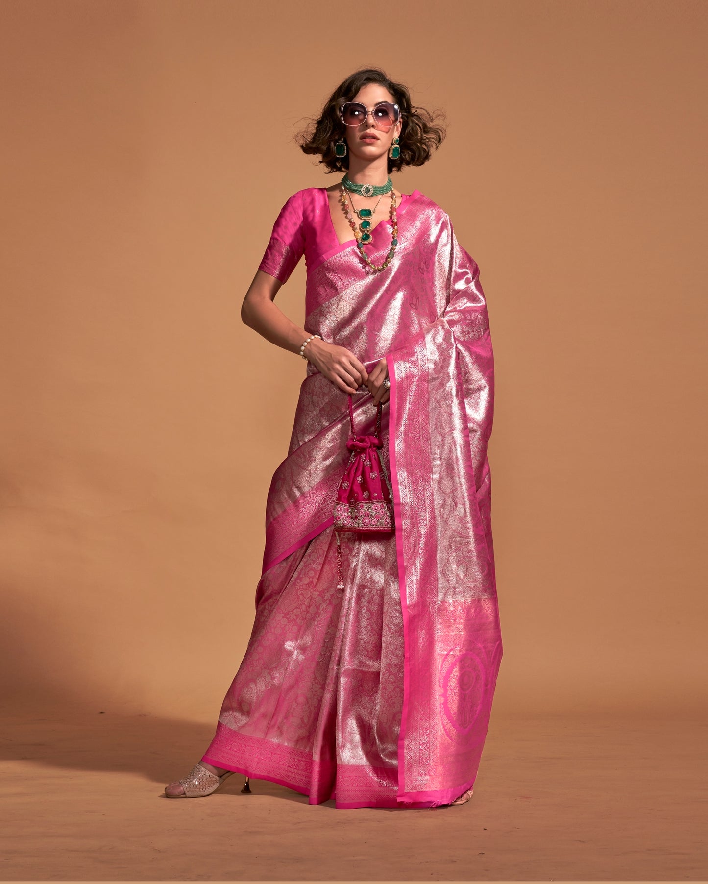 Pink Banarasi Readymade/Easy Saree