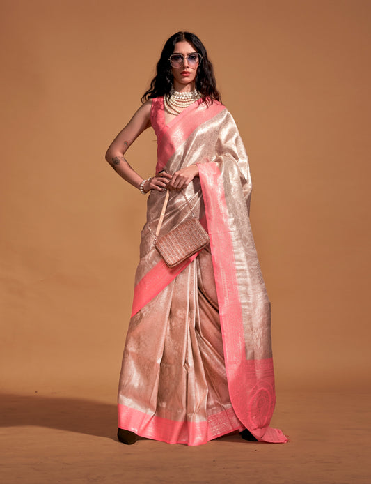 Offwhite With Peach Banarasi Readymade/Easy Saree