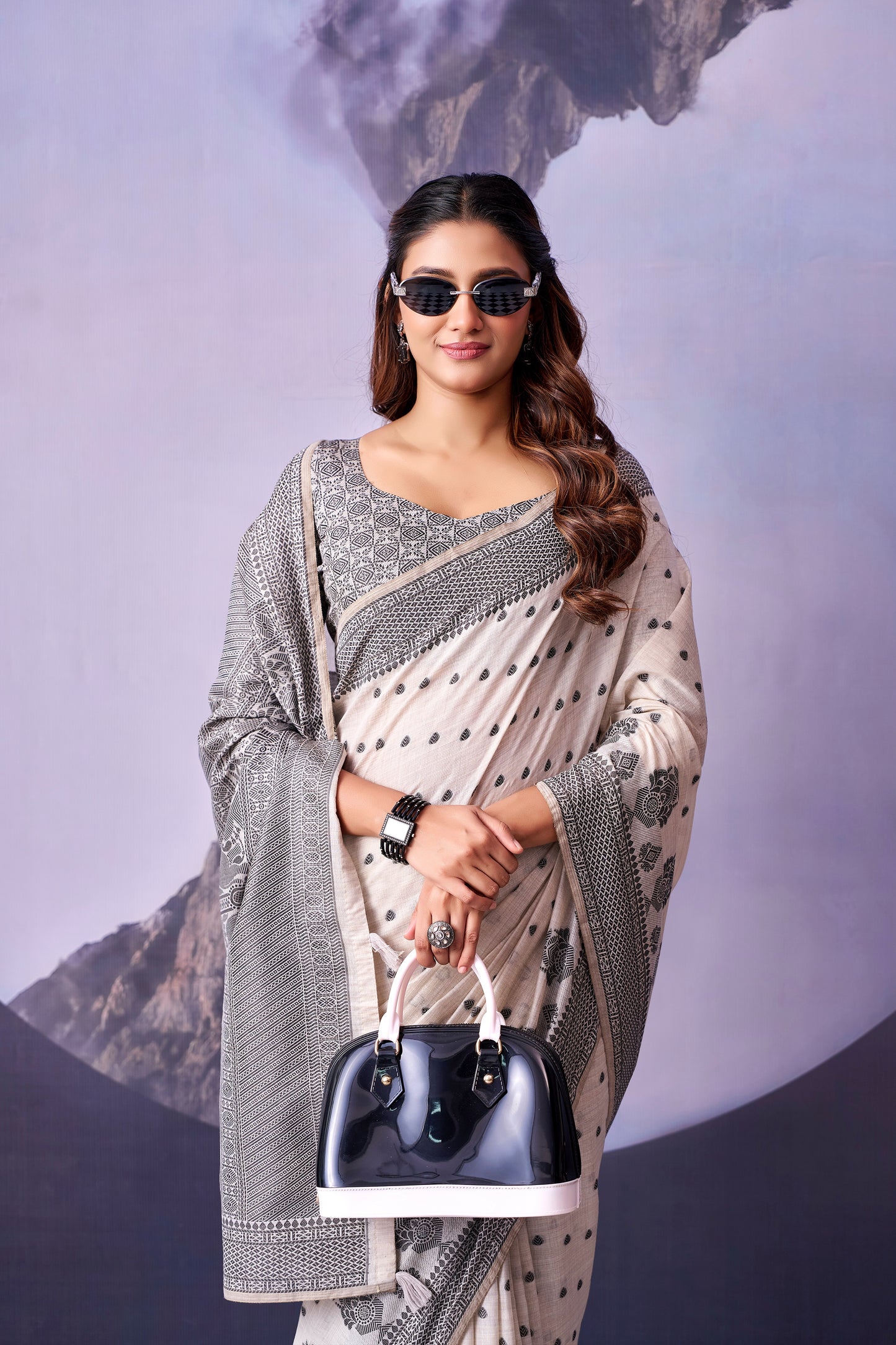 Grey & White Floral Cotton Ready To Wear/Easy Saree by Stylebypanaash 