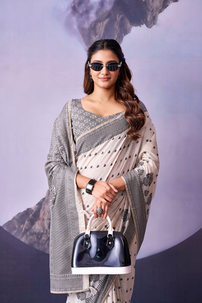 Grey & White Floral Cotton Ready To Wear/Easy Saree by Stylebypanaash 