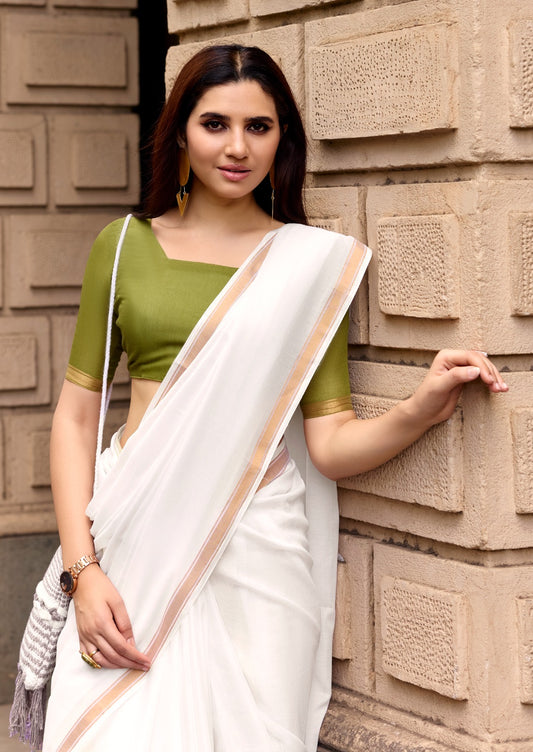 Off-White Mul Cotton Ready To Wear/Easy Saree