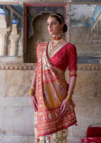 Off-White Patola Silk Readymade/Easy Saree