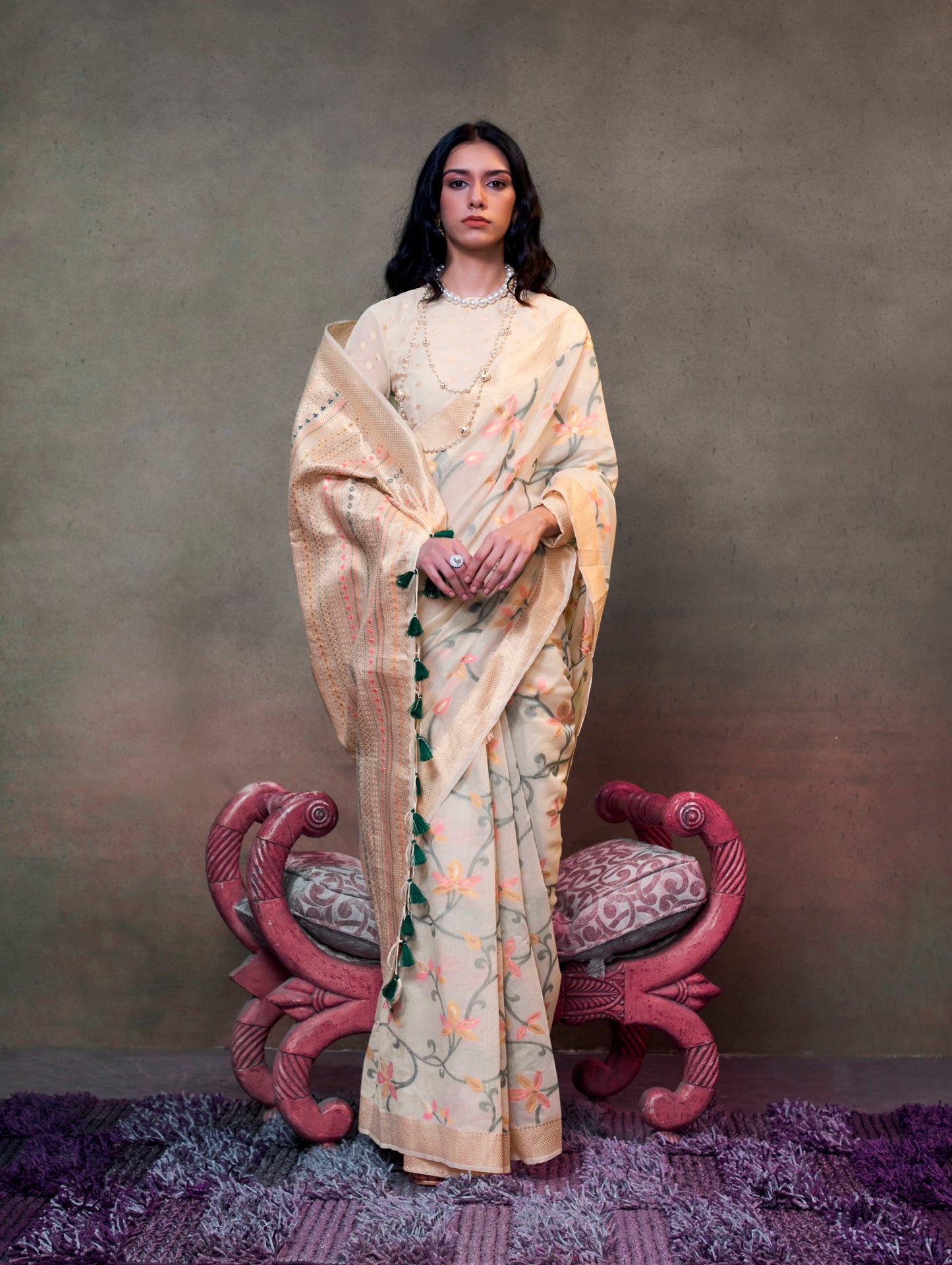 Off White Spun Silk Readymade/Easy Saree