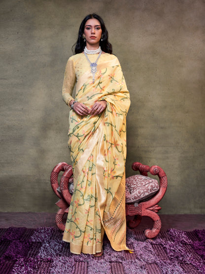 Yellow Spun Silk Readymade/Easy Saree