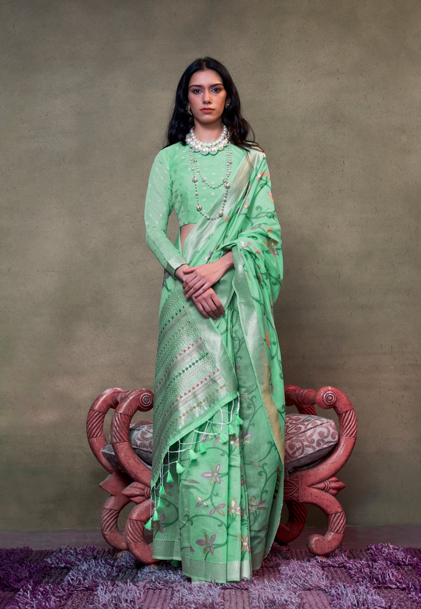 Green Spun Silk Readymade/Easy Saree