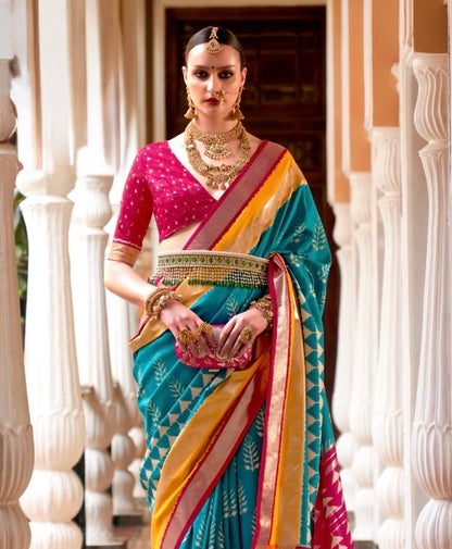 Blue Patola Silk Readymade/Easy Saree