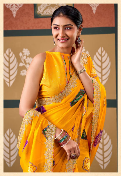 Yellow Chiffon Ready To Wear/Easy Saree