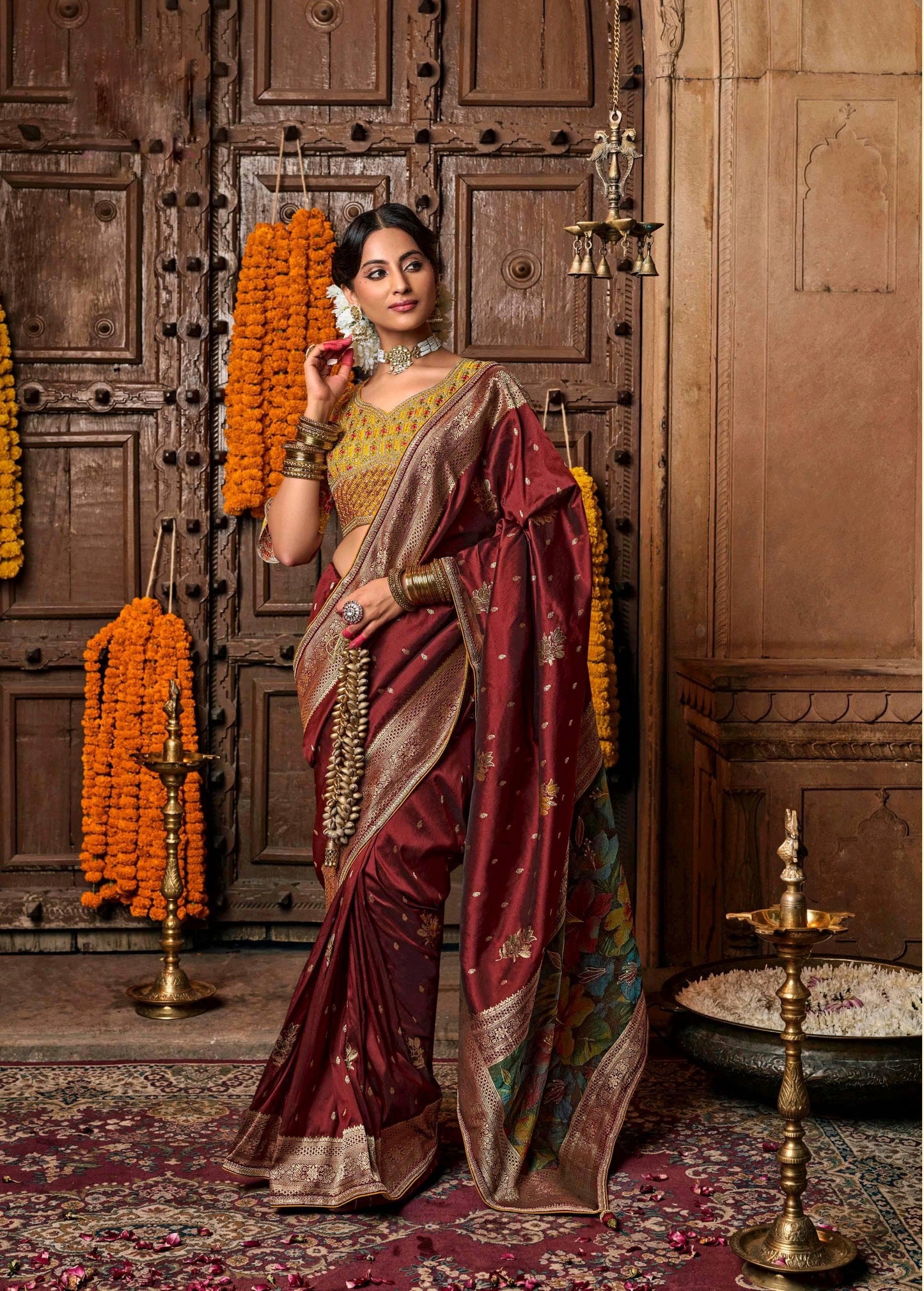 Maroon Color Banarasi Silk Readymade/Easy Saree