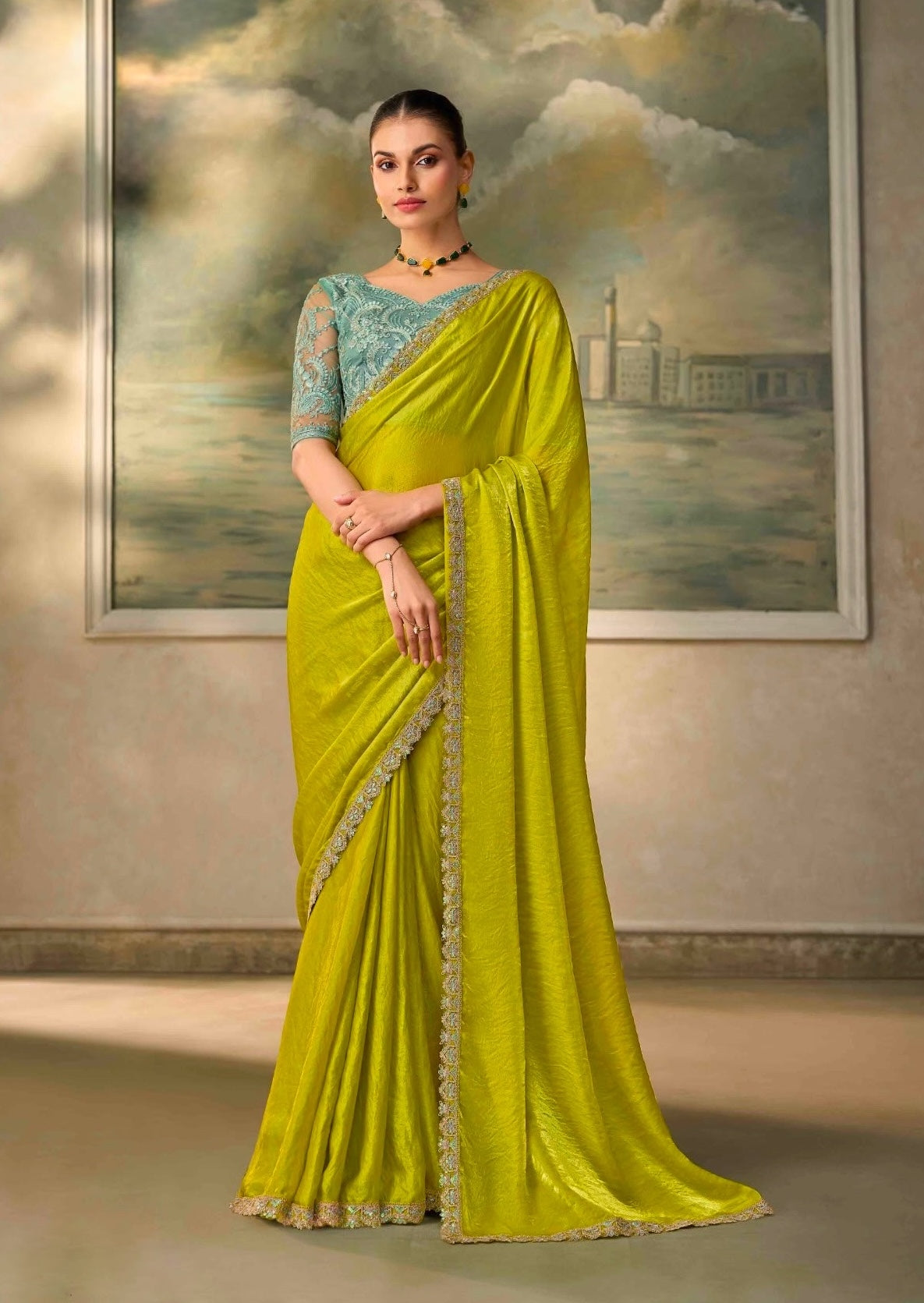 Lime Green Cocktail Ready To Wear/Easy Saree by Stylebypanaash 