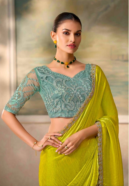 Lime Green Cocktail Ready To Wear/Easy Saree by Stylebypanaash 