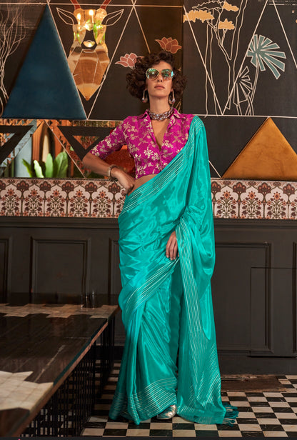 Sea Green Color Printed Soft Silk Readymade/Easy Saree