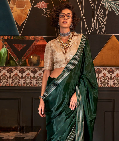 Bottle Green Color Soft Silk Readymade/Easy Saree