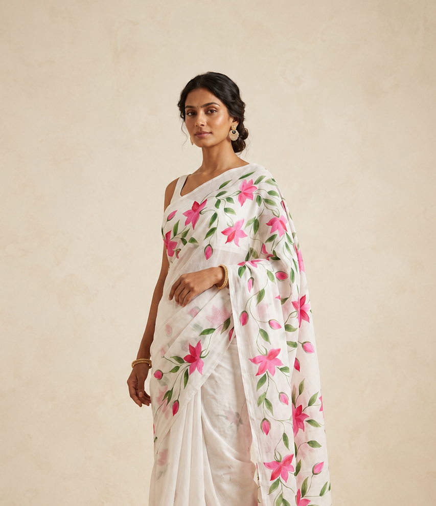 White Mul Cotton Ready To Wear/Easy Saree - Panaash Saree