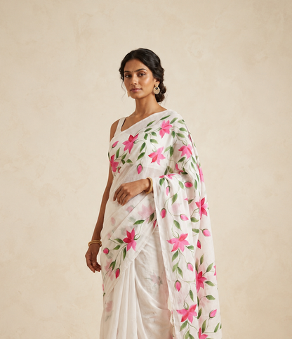White Mul Cotton Ready To Wear/Easy Saree - Panaash Saree