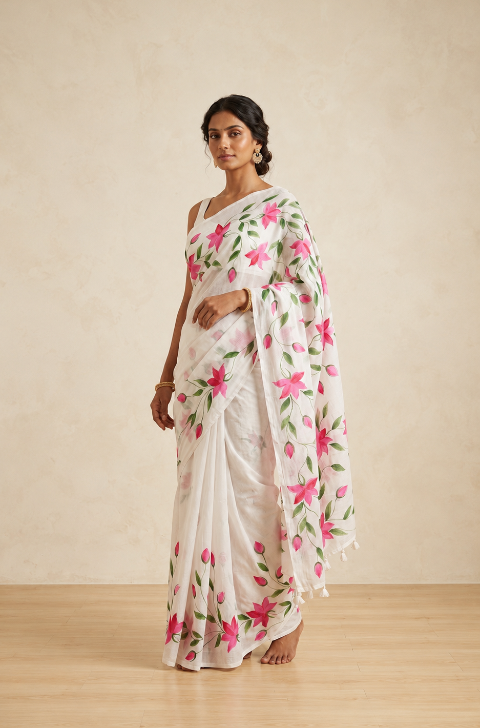 White Mul Cotton Ready To Wear/Easy Saree - Panaash Saree