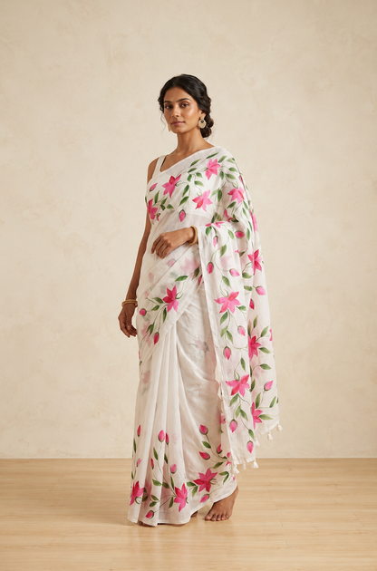 White Mul Cotton Ready To Wear/Easy Saree - Panaash Saree