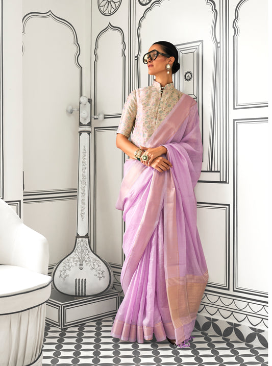 Lavender Color Silk Readymade/Easy Saree With Fancy Unstitched Blouse