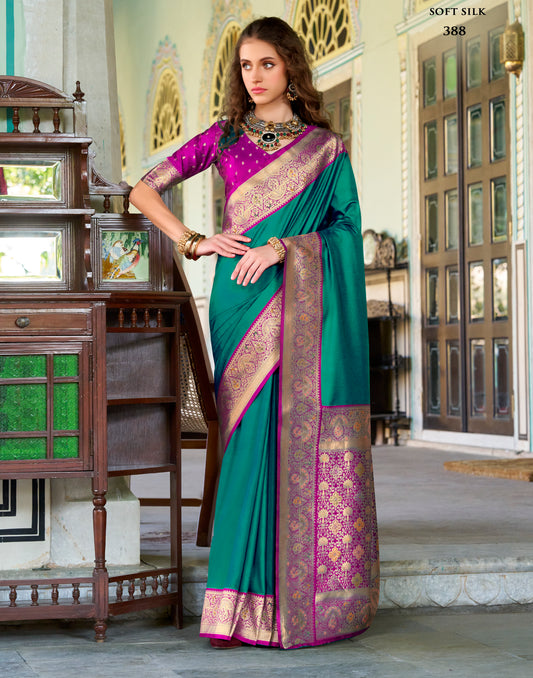 Dark Green Soft Silk Readymade/Easy Saree
