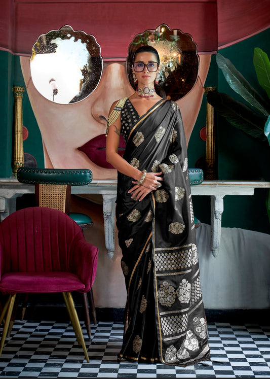 Black Satin Silk Readymade Saree