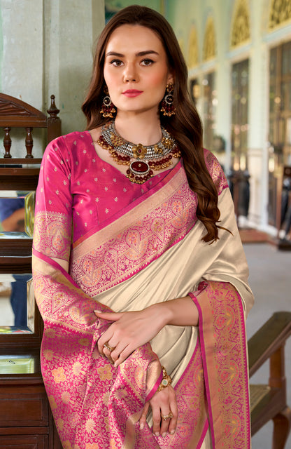 Off-White Soft Silk Readymade/Easy Saree