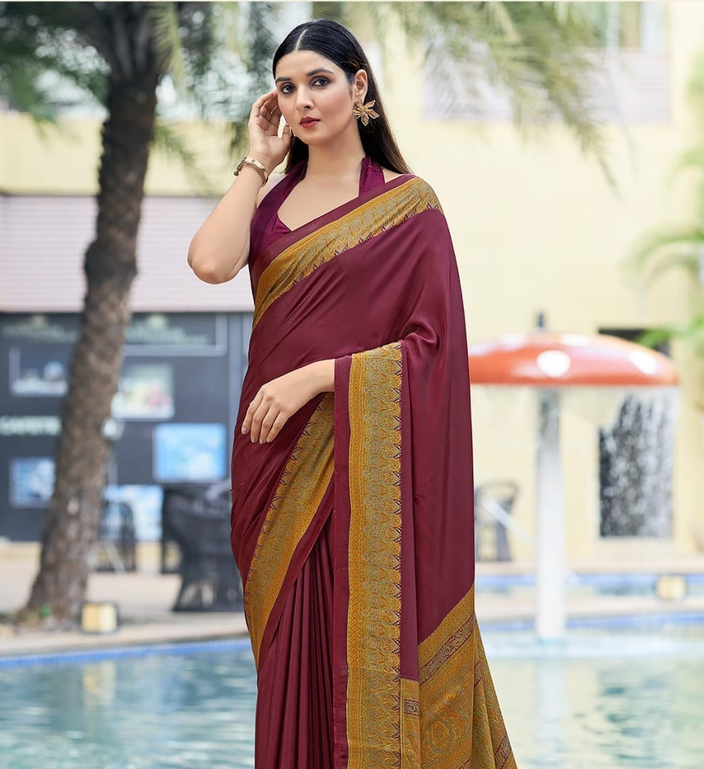 Maroon easy saree with gold border and pleated pallu, ready-to-wear fit on model
