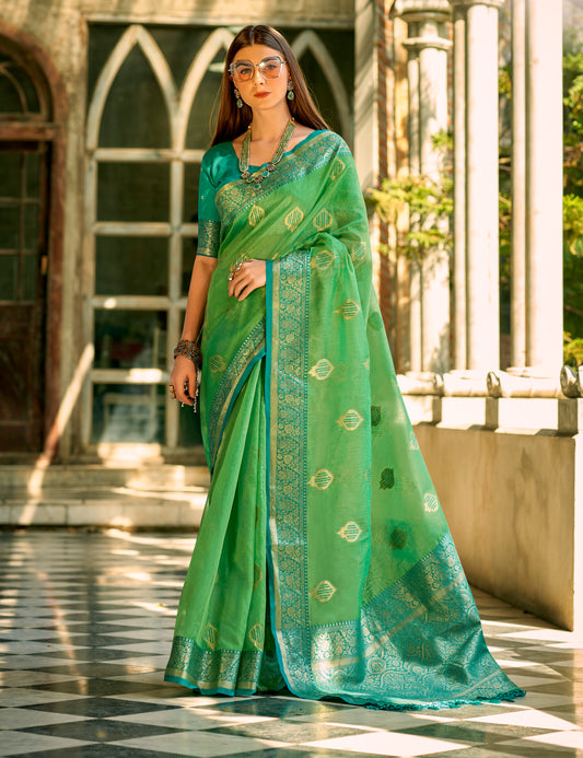 Green Color Banarasi Silk Readymade/Easy Saree