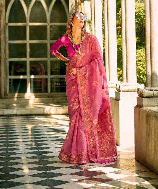 Pink Color Banarasi Silk Readymade/Easy Saree