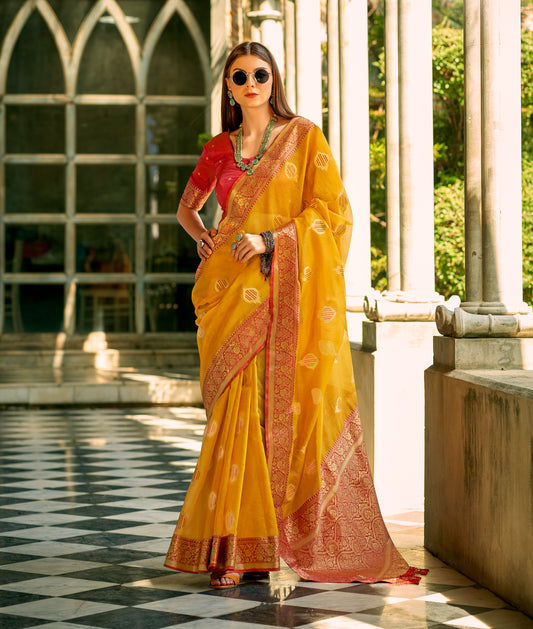 Mustard Color Banarasi Silk Readymade/Easy Saree