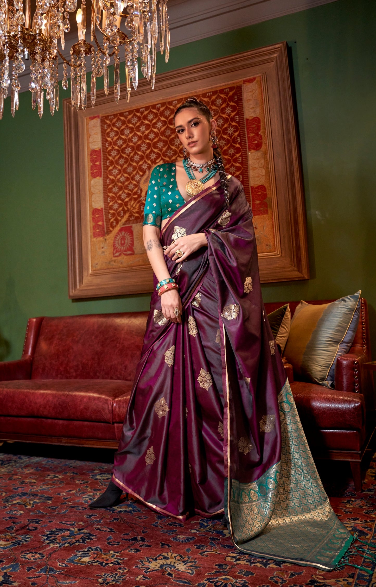 Maroon Color Satin Silk Readymade/Easy Saree