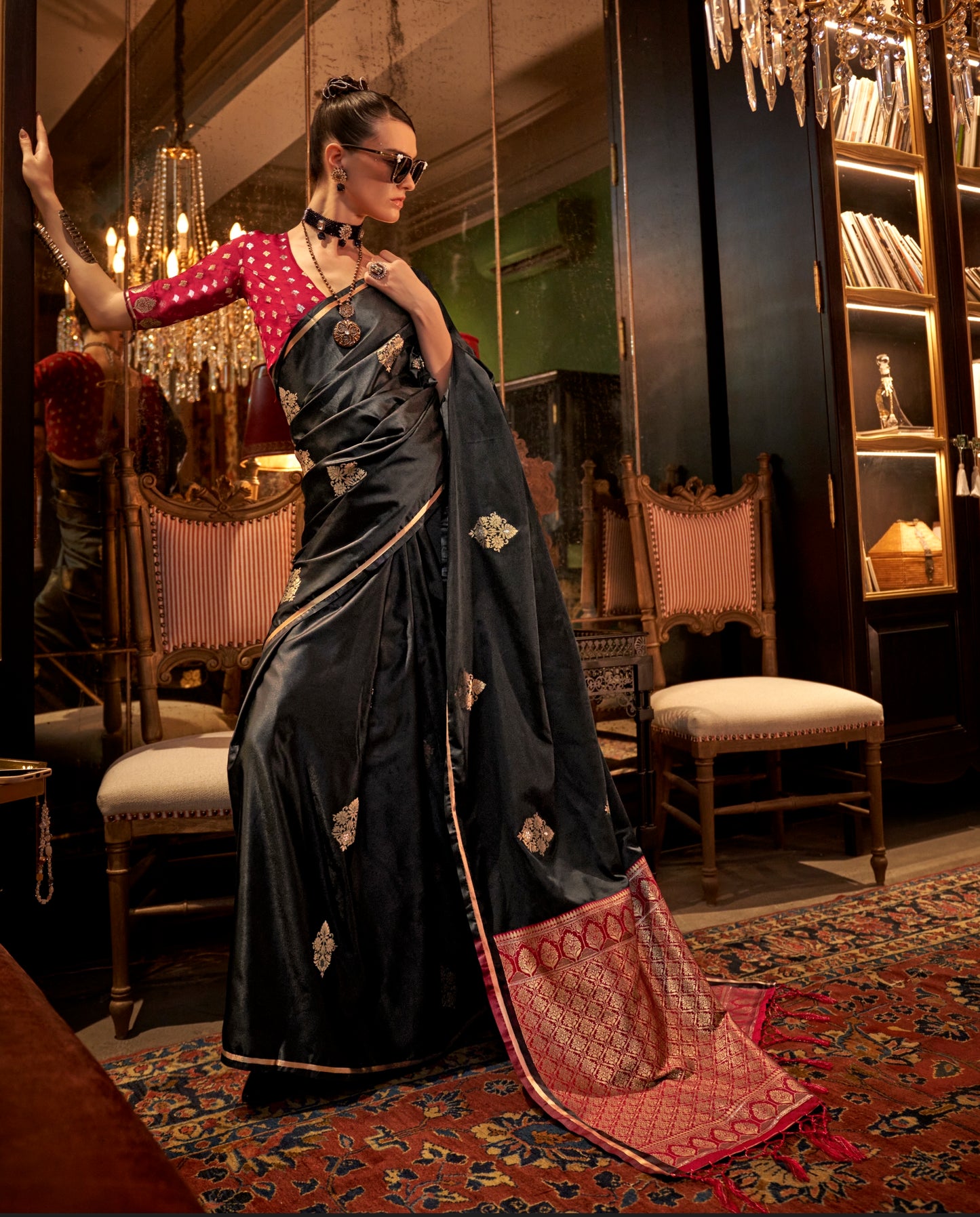 Black Color Satin Silk Readymade/Easy Saree