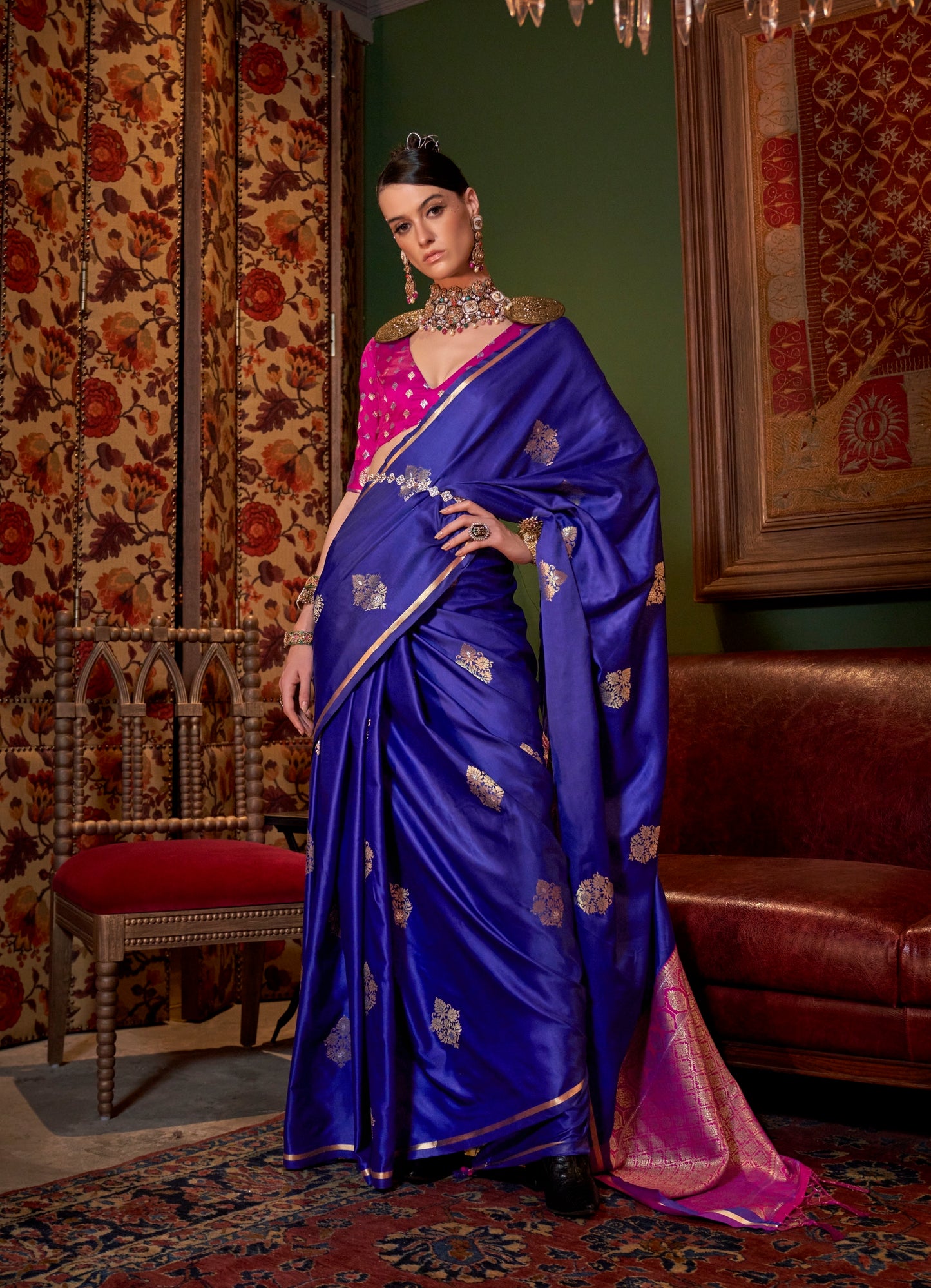 Blue Color Satin Silk Readymade/Easy Saree