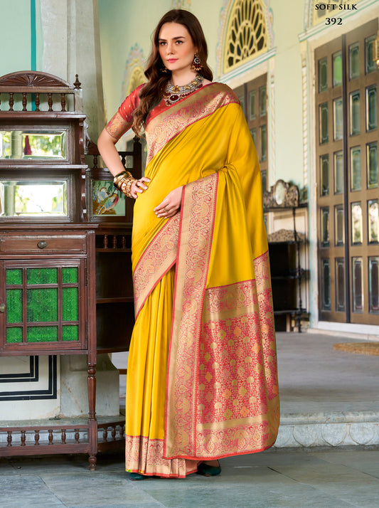 Yellow Soft Silk Readymade/Easy Saree