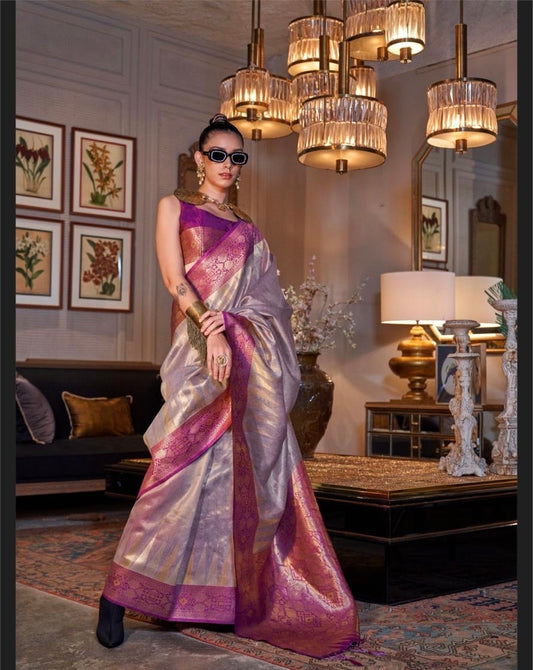 Purple Color Zari Woven Tissue Silk Readymade/Easy Saree